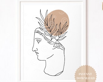 May include: Line art print of a woman's face with a plant growing out of her head. The background is a light brown circle.