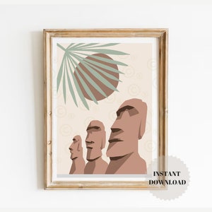 Standbeeldprint Paaseiland, hoofd Moai, Polynesische kunstposter, antropologiecadeau, reisposter, woondecoratie Paaseiland