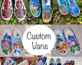 Custom Vans, Custom Painted Vans, Adult Vans, Theme Park Shoes, Painted Adult Vans, Customized Vans Adults, Handpainted Shoes, Cartoon Vans