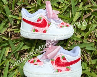 Custom Strawberry Baby Shoes, Painted Air Force 1s, Girl Crib Shoes, Bow AF1, Custom Fruit Air Force 1s, Berry First Birthday Shoes