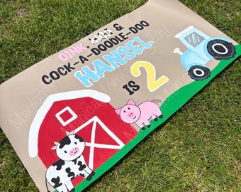 Birthday Party Banner, Painted Birthday Banner, Farm Party Banner, Country Party Banner, Farm Animal Party Banner, Oink Moo Cockadoodle Doo