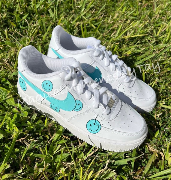 Teal Smiley Face Air Force 1s Trendy Air Force 1s Custom Air Force 1 Teal Air Forces Blue Air Force 1s Custom Air Force 1s Etsy Ireland