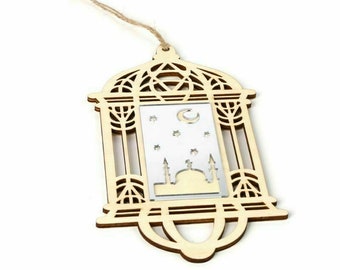 Eid Ramadan Mubarak Decor Wooden Hollow Hanging Lantern Plaque Ornament