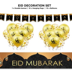 Balloons Banner Bunting - Eid Mubarak 21pc Decoration Set White & Gold MM 