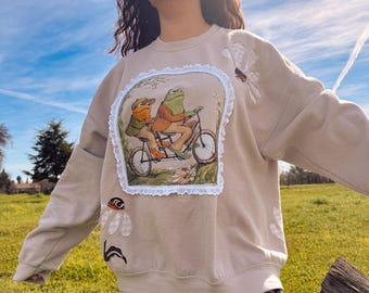 Upcycled Frog and Toad Graphic Crewneck Sweatshirt