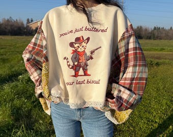 Upcycled Crewneck Cat Sweatshirt
