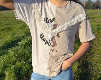 Beige Two-Way Split Graphic Tee with Lace Detail