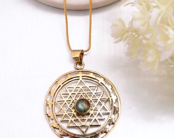 Gouden maansteenketting, Sri Yantra zilveren hangerketting, cadeau voor vrouwen