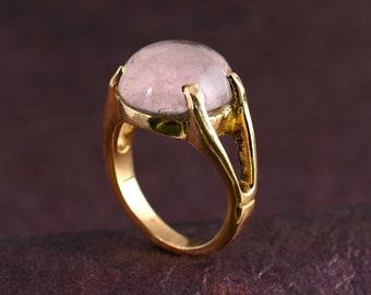 Anillo de oro de 18 quilates, anillo de cuarzo rosa, anillo de piedra preciosa redonda, anillo llamativo, anillo de piedra grande, anillo de moda, anillo festivo, joyería navideña