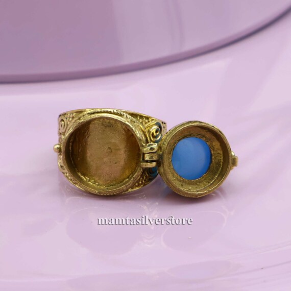 Blue Chalcedony Poison Box Ring Secret Locket Ring in Brass