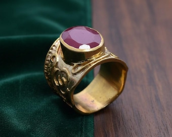 Gold Ruby Statement Ring, Red Gemstone Ring, Vintage Style Gold Ring, Boho Wide Band Ring, Handmade Jewelry Gift for Her