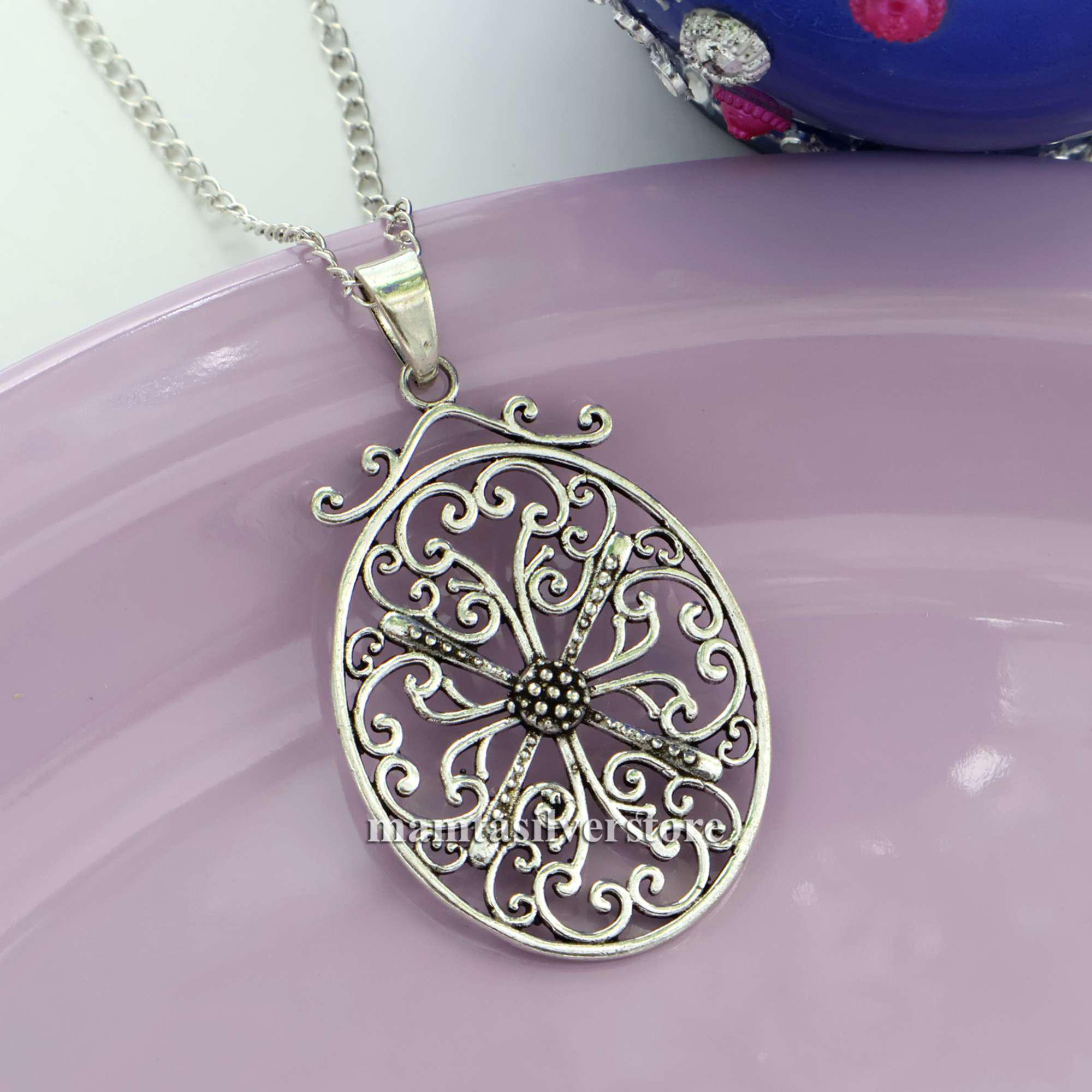 Vintage zilveren wervelingshanger • Ovale filigraanketting • Sieraden in antieke stijl • Elegant etnisch bohocadeau • Handgemaakte zilveren bedel