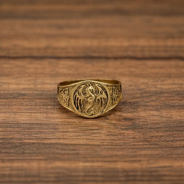 Vintage Gold Dragon Signet Ring, Gothic Dragon Crest Ring for Men, Medieval Mythical Statement Ring, Fantasy Jewelry Gift for Him