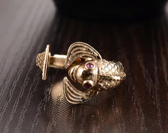 Garnet Ring, Fish Ring, fish ring for women Gold fish ring Vintage fish ring Adjustable ring Pisces ring Animal ring Statement ring