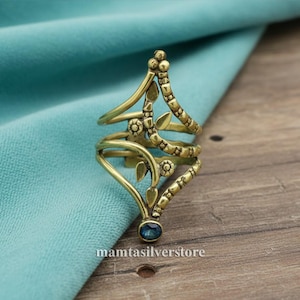 Antique Gold Adjustable Ring, Vintage Leaf Design Ring, Handmade Brass Statement Ring, Boho Floral Ring for Women, Blue Stone Ethnic Ring