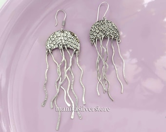 Silver Jellyfish Earrings, Ocean-Inspired Dangle Earrings, Handmade Sea Life Jewelry, Beach Statement Earrings, Unique Marine Jewelry
