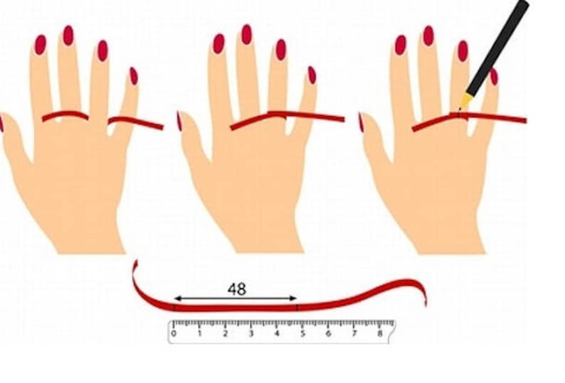 May include: A diagram showing how to measure your ring size using a piece of string. The string is wrapped around the base of your finger and then measured against a ruler. The measurement is 48 mm.