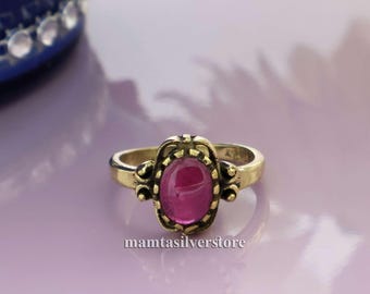 Vintage Brass Ruby Ring, Pink Gemstone Ring for Women, Ornate Handmade Jewelry, Antique Style Ring, Gift for Her, Boho Statement Ring