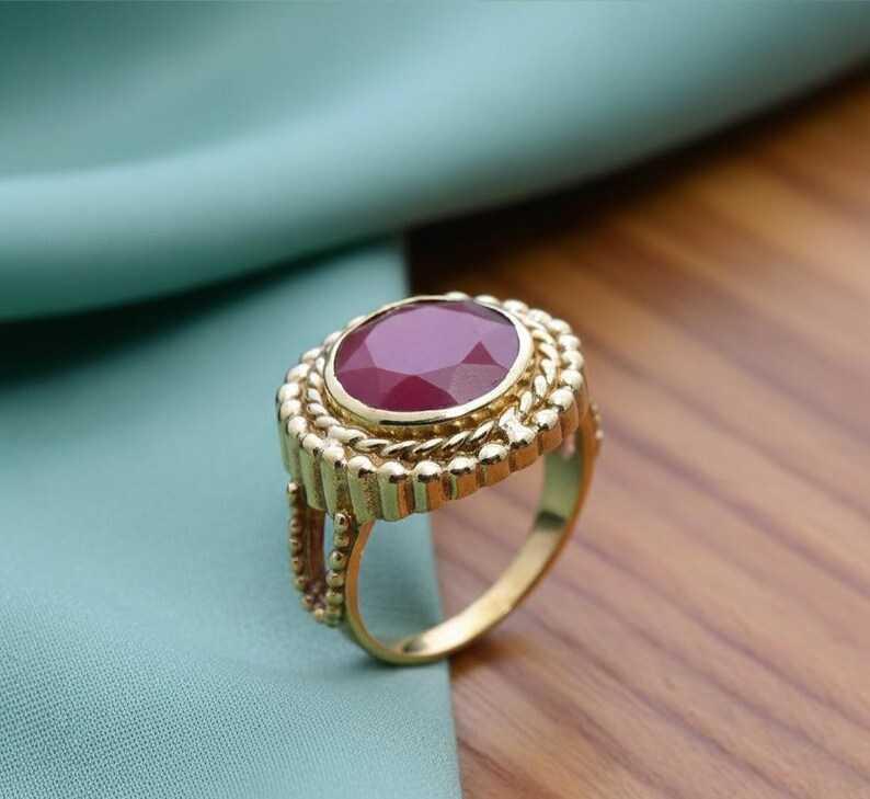 Gold Ruby Ring, Red Ruby Gemstone Ring, Vintage Style Gold Ring, Beaded Edge Statement Ring, Handmade Jewelry Gift for Her image 1