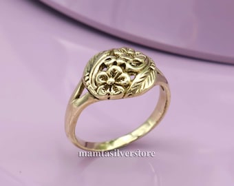 Floral Messing Ring für Frauen, Vintage Gravierte Blumen Ring, verstellbar Boho Messing Schmuck, handgemachter Geschenkring mit Natur-inspiriertem Design