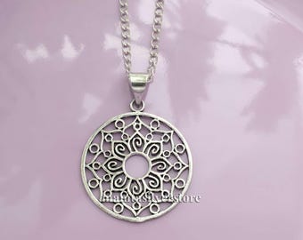 Silver Mandala Pendant Necklace • Spiral Swirl Filigree Design • Lightweight Boho Jewelry • Handmade Spiritual Gift for Yoga Lovers