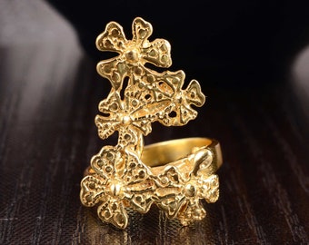 Flower Ring, Long Ring, Chunky Statement Jewelry, gold brass Ring for Women, Boho Bohemian Rings, Wide Large Full Finger Big ring