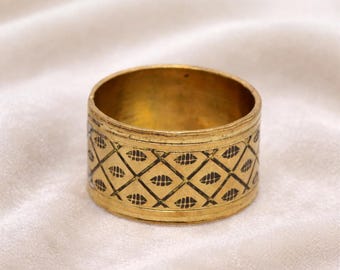 Gold Wide Band Ring, Vintage Tribal Pattern Ring, Boho Statement Ring, Unisex Chunky Ring, Ethnic Geometric Ring, Handmade Jewelry Gift
