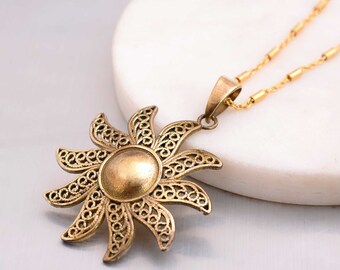 Gold Celestial Sun Amulet, 18K Gold Pendant, God of Suns Necklace Pendant, Large Golden Sun Pendant, Solar Celestial Star Sun Necklace