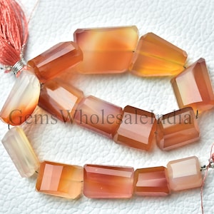Könnte beinhalten: Eine Kette aus facettierten Karneol-Edelsteinperlen in Orange- und Pfirsichtönen. Die rechteckigen Perlen sind mit pfirsichfarbenen Quasten an jedem Ende aufgereiht. Die Edelsteine haben ein poliertes, durchscheinendes Aussehen.