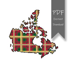 Puede incluir: Un patrón PDF imprimible de Canadá en un diseño de cuadros rojos, verdes y dorados. El patrón es perfecto para proyectos de manualidades como punto de cruz o bordado.