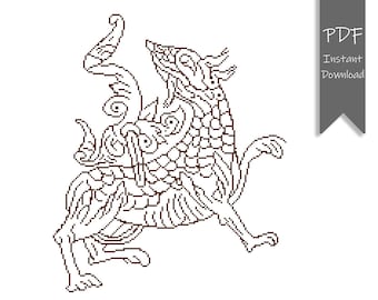 May include: A detailed line drawing of a mythical creature with intricate patterns and designs. The creature has a long tail, a large head, and a body covered in scales. The drawing is in black and white.