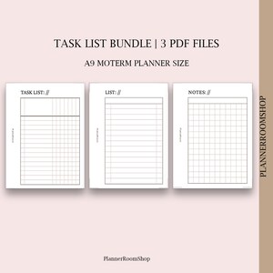 Può includere: Tre modelli di lista di attività stampabili in formato A9. I modelli sono intitolati "Lista di attività", "Lista" e "Note". Ogni modello ha un layout a griglia con linee e colonne.