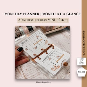 Undated monthly planner, Filofax mini, A9 Moterm rings planner size, Month at a glance, Simple layout Minimalist inserts Digital planner 002