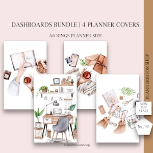 May include: A digital bundle of four A6 rings planner covers featuring watercolor illustrations. Designs include a person reading with coffee, a desk workspace, a cozy coffee scene with an envelope, and a person writing in a planner with glasses.