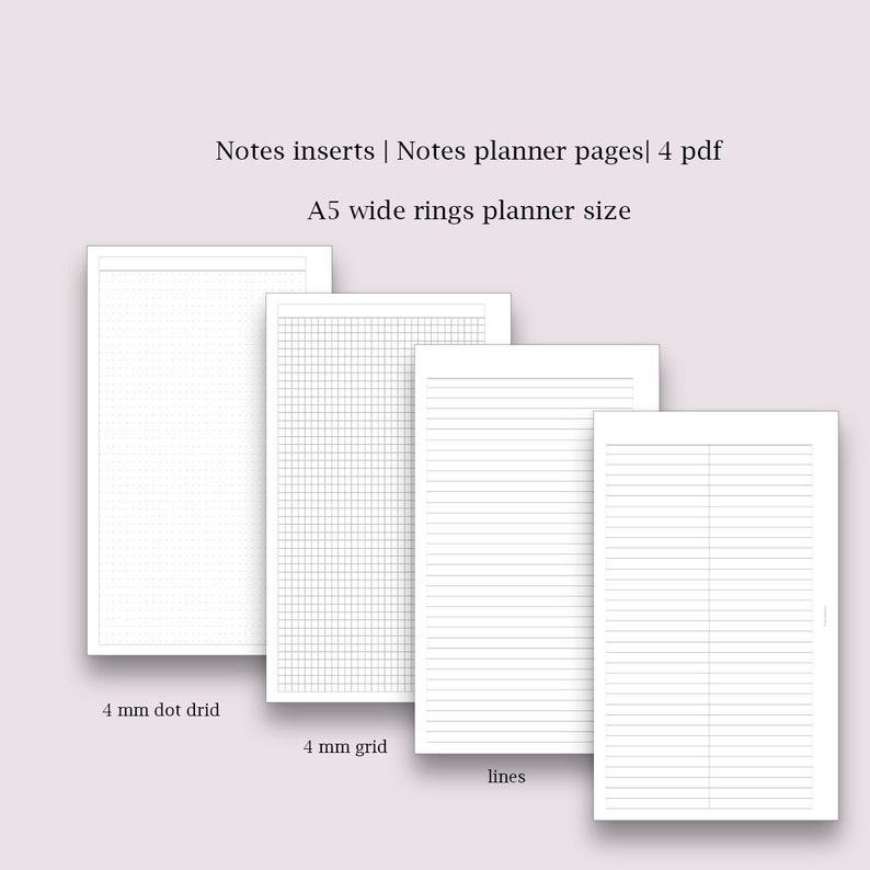 Printable Notes Planner Refill A5 Wide Planner Size Grid, Dot, Line