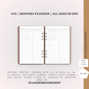 Monthly Overview, Printable Planner Inserts, MO1P Layout, Month on one page Template, Blank Calendar Sheet | Digital Download, 040