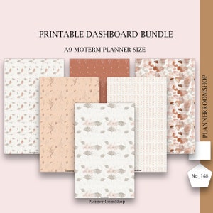 May include: A collection of printable dashboard inserts for an A9 Moterm planner. The inserts feature various patterns in neutral tones, including floral, abstract, and geometric designs. The text "Printable Dashboard Bundle" and "PlannerRoomShop" are visible.