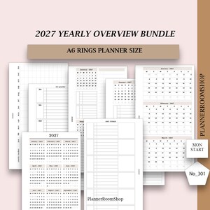 DATED 2027 - A6 Rings - ADHD planner adult, Printable Yearly planner bundle Year overview 2027 Future log calendar, A6 rings inserts, 301