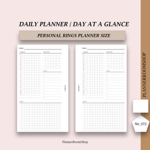 May include: A printable daily planner page designed for personal rings planners. The page is divided into two sections: a schedule section with hourly time slots and a priorities section with a to-do list and checkboxes. The page also includes a notes section with a grid.