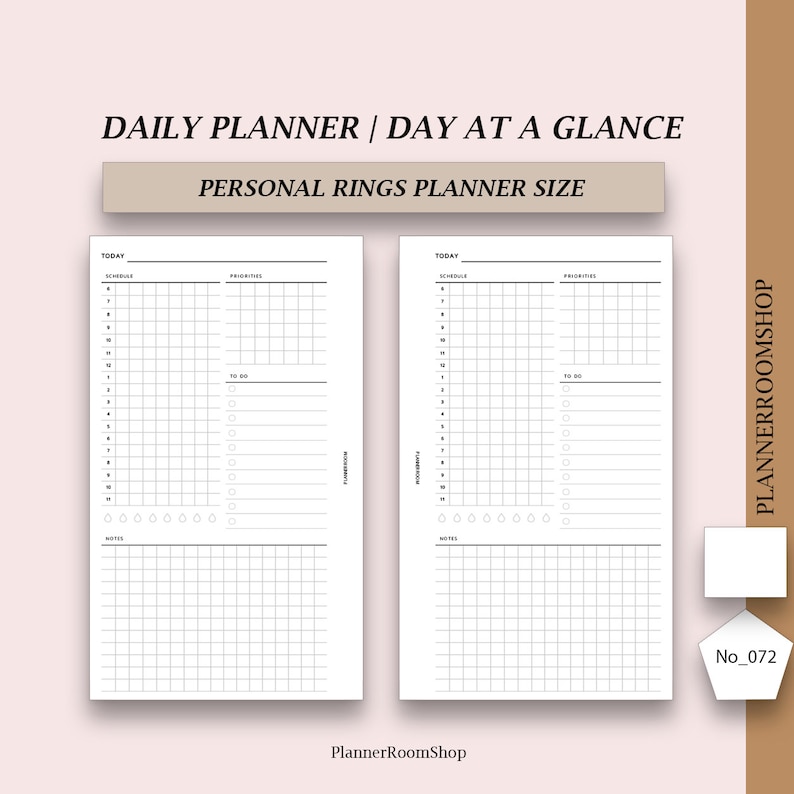 May include: A printable daily planner page designed for personal rings planners. The page is divided into two sections: a schedule section with hourly time slots and a priorities section with a to-do list and checkboxes. The page also includes a notes section with a grid.