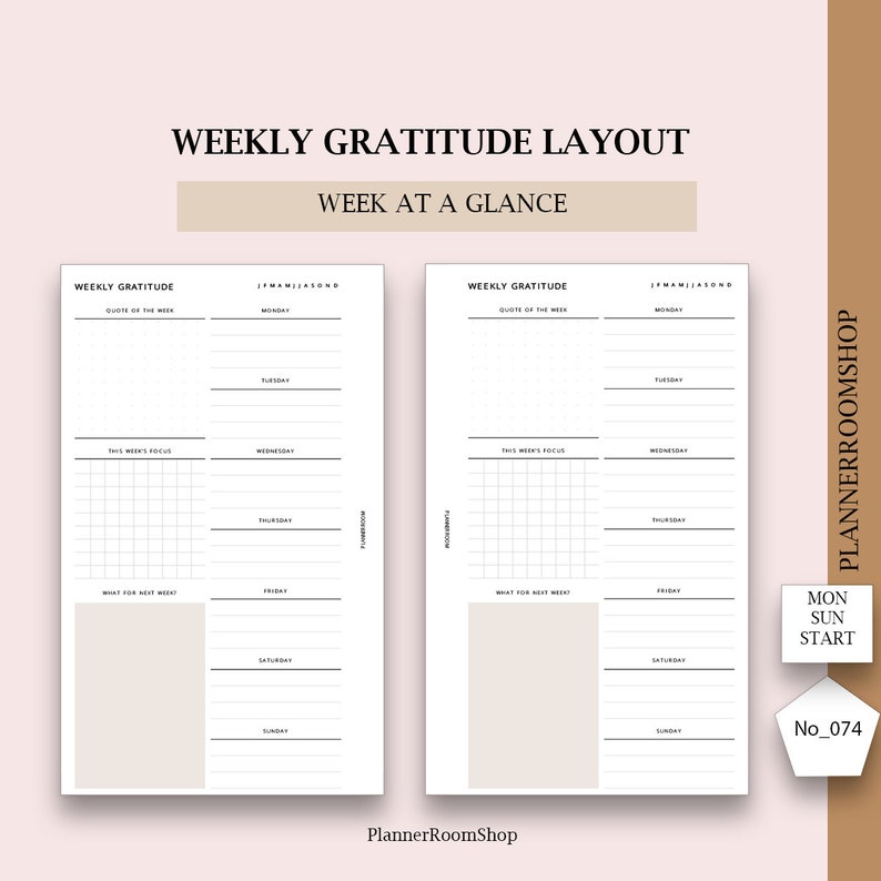 Puede incluir: Dise&ntilde;o de planificador de gratitud semanal imprimible con una secci&oacute;n de la semana de un vistazo, una secci&oacute;n de gratitud semanal y una secci&oacute;n para el enfoque de esta semana. El planificador tiene un dise&ntilde;o minimalista con texto negro sobre fondo blanco.