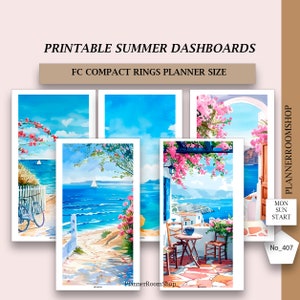Könnte beinhalten: Druckbare Sommer-Dashboards für FC Compact Rings Planer-Größe. Das Bild zeigt Aquarellillustrationen von Küstenszenen mit blauem Himmel, weißen Gebäuden und rosa Blumen. Der Text "PlannerRoomShop" ist sichtbar.