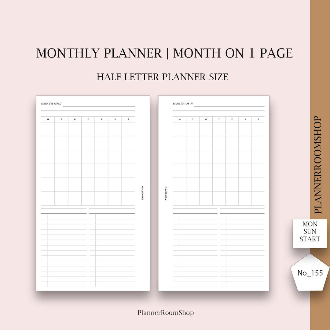 Printable Monthly Planner, Month on 1 Page for Half Letter Planner Size ...