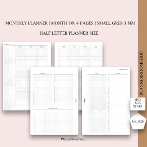Planificador mensual de cuatro páginas en formato Half Letter, con cuadrícula pequeña, resumen mensual, vista general del mes, 026