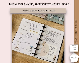 ADHD Printable weekly planner, Minimal Hobonichi style, Mini Happy planner size, ADHD adult organizer, 165