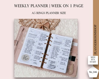 Minimalist week on 1 page, A5 rings planner size, Instant download, Weekly agenda printables inserts, pdf instant download, 046