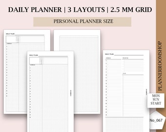 Daily planner bundle for Personal rings planner size, small grid 2.5 mm, Printable daily inserts, Minimal daily schedule, Day on 2 pages 067