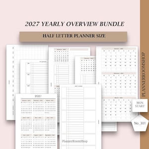 May include: A 2027 yearly overview bundle of half letter planner pages featuring various calendar layouts, monthly grids, and goal tracking sheets. The pages are white with black text and grid lines, including a yearly tracker and monthly views.