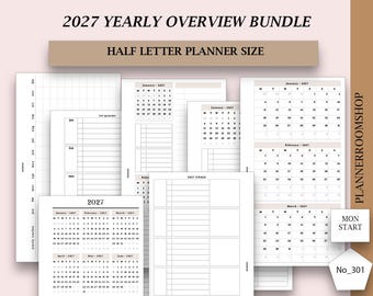May include: A 2027 yearly overview bundle of half letter planner pages featuring various calendar layouts, monthly grids, and goal tracking sheets. The pages are white with black text and grid lines, including a yearly tracker and monthly views.