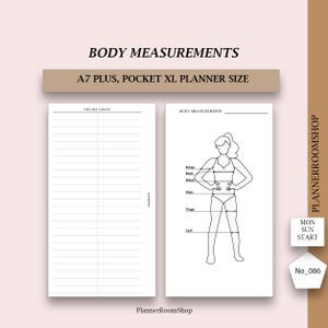 Può includere: Un inserto per agenda A7 Plus Pocket XL bianco con due pagine. La pagina sinistra presenta una tabella a righe per i negozi online. La pagina destra mostra un disegno al tratto di una figura umana con le misure corporee etichettate per bicipite, busto, vita, fianchi, coscia e polpaccio. Testo: BODY MEASUREMENTS, PLANNERROOMSHOP, MON SUN START, No_086.